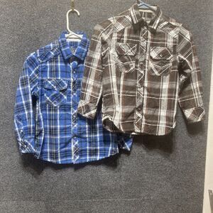 BKE Plaid Pearl Snap Shirt Standard Fit Western Ranch Boys XS  Roll Tab lot 2
